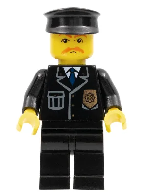 Polizei – Dienstanzug mit blauer Krawatte und Dienstmarke, schwarze Beine, brauner Schnurrbart, schwarzer Hut
