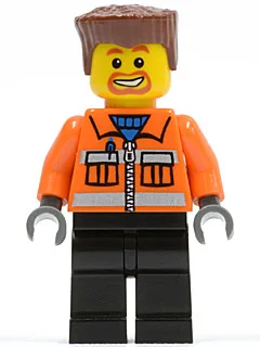 Bouwvakker - Oranje rits, veiligheidsstrepen, oranje mouwen, zwarte benen, roodbruin platgeschoren haar, baard rond de mond