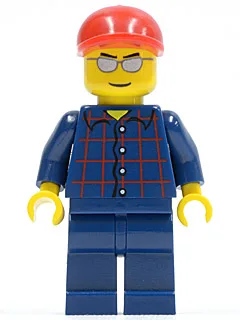 Plaid Button Shirt, Dark Blue Legs, Red Short Bill Cap, Silver Sunglasses