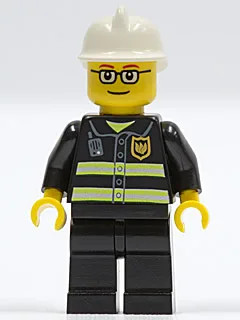 Feuerwehr – Reflektierende Streifen, schwarze Beine, weißer Feuerwehrhelm, Brille und dünne braune Augenbrauen