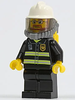 Feuerwehr – Reflektierende Streifen, schwarze Beine, weißer Feuerwehrhelm, Atemschutzgerät mit Druckluftflaschen, gelbe Hände, Bart und Brille