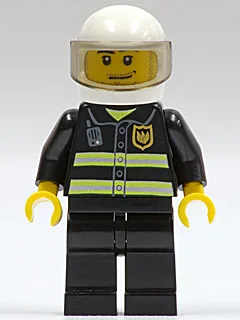 Feuer – Reflektierende Streifen, schwarze Beine, weißer Standardhelm, durchscheinend braunes Visier, Dreitagebart und Schnurrbart, Grinsen und Dreitagebart