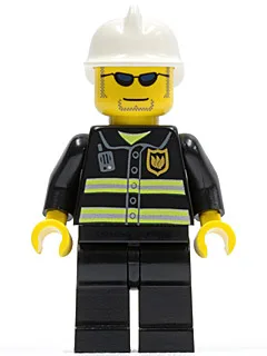 Feuerwehr – Reflektierende Streifen, schwarze Beine, weißer Feuerwehrhelm, dunkelblaue Sonnenbrille und Bartstoppeln