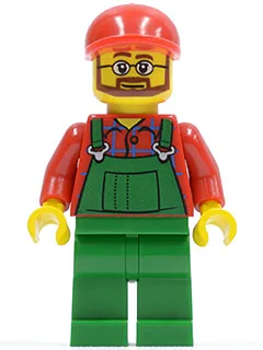 Overalls Farmer Green, Red Short Bill Cap, Beard and Glasses