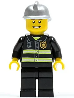 Vuur - Reflecterende strepen, zwarte benen, zilveren brandweerhelm, dunne grijns met tanden