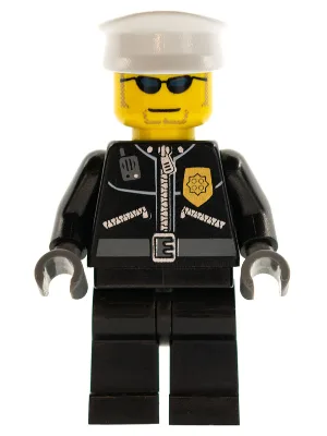 Politie - Leren stadsjas met gouden badge, witte pet, donkerblauwe zonnebril