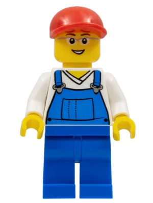 Salopette bleue sur chemise à col en V, pantalon bleu, casquette rouge à visière courte, lunettes