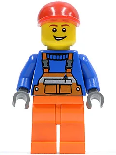 Overalls with Safety Stripe Orange, Orange Legs, Red Short Bill Cap, Open Grin