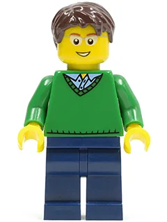 Green V-Neck Sweater, Dark Blue Legs, Dark Brown Short Tousled Hair, Glasses