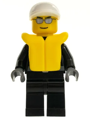 Polizei – Lederjacke mit goldenem Abzeichen, weiße Schirmmütze, silberne Sonnenbrille, Schwimmweste