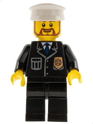 Politie - Stadsuniform met blauwe stropdas en badge, zwarte broek, witte pet, ronde bruine baard.