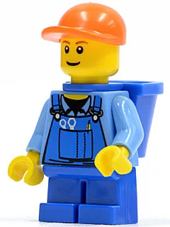 Blaue Latzhose mit Werkzeugtasche, orangefarbene Schirmmütze, blaue kurze Beine, D-förmiger Kordelzug, rötlich-braune Augenbrauen