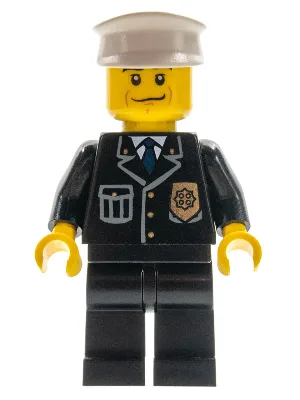 Politie - Stadsuniform met blauwe stropdas en badge, zwarte broekspijpen, zwarte wenkbrauwen, witte hoed
