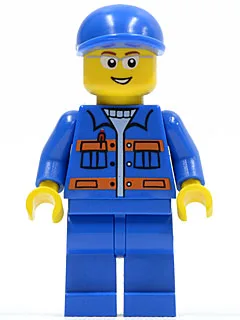 Blue Jacket with Pockets and Orange Stripes, Blue Legs, Blue Short Bill Cap, Glasses, Open Mouth Smile