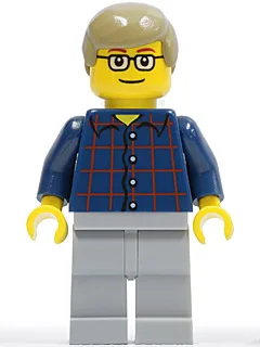 Chemise à carreaux boutonnée, jambes gris clair bleuté, cheveux châtain foncé, lunettes