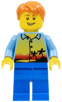 Zonsondergang en palmbomen - Mannetje, blauwe poten, donkeroranje, kort, warrig haar, scheve grijns