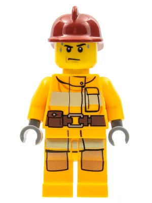Feuerwehr – Leuchtend orangefarbener Feuerwehranzug mit Ausrüstungsgürtel, dunkelroter Feuerwehrhelm, Schweißtropfen
