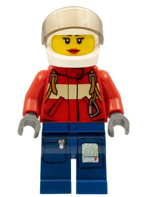 Feuerwehr – Pilotin, roter Feuerwehranzug mit Karabiner, dunkelblaue Beine mit Karte, weißer Helm, rote Lippen
