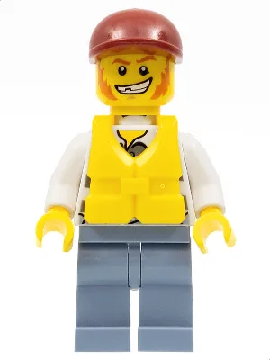 Police - Jail Prisoner Torn Overalls over Prison Stripes, Sand Blue Legs, Dark Red Short Bill Cap, Life Jacket Center Buckle