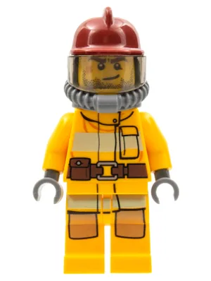 Combinaison de pompier orange vif avec ceinture utilitaire, casque de pompier rouge foncé, bouteilles d'air jaunes