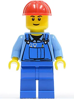 Blauer Overall mit Werkzeug in der Tasche, roter Bauhelm, schwarze Augenbrauen, schmales Grinsen