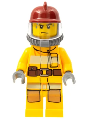 Combinaison de pompier orange vif avec ceinture utilitaire, casque de pompier rouge foncé, bouteilles d'air jaunes, gouttes de sueur