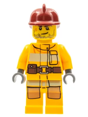 Combinaison de pompier orange vif avec ceinture utilitaire, casque de pompier rouge foncé, sourire tordu et cicatrice