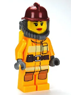 Feuerwehr – Leuchtend orangefarbener Feuerwehranzug mit Ausrüstungsgürtel, dunkelroter Feuerwehrhelm, gelbe Atemluftflaschen, rote Lippen