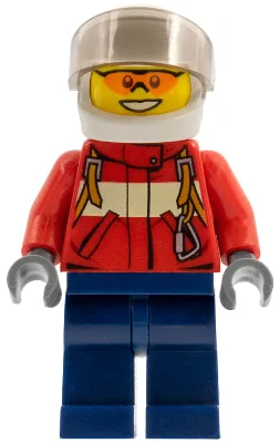 Fire - Pilot Male, Red Fire Suit with Carabiner, Dark Blue Legs, White Helmet, Trans-Brown Visor, Orange Safety Glasses