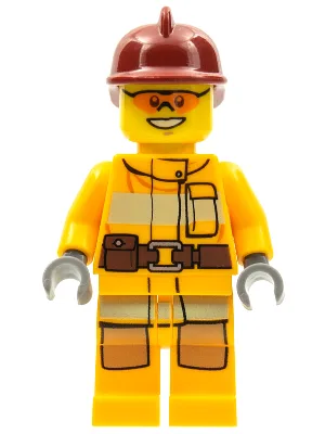 Brandweerpak - Feloranje brandweerpak met gereedschapsriem, donkerrode brandweerhelm, oranje zonnebril