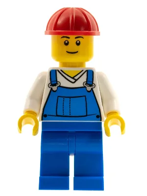 Blauer Overall über einem V-Ausschnitt-Shirt, blaue Hosenbeine, roter Bauhelm