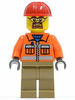 Bauarbeiter - Oranger Reißverschluss, Sicherheitsstreifen, orange Ärmel, dunkelbraune Beine, roter Bauhelm, Schutzbrille