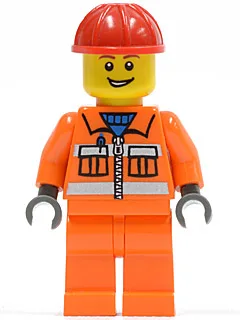 Bauarbeiter – Oranger Reißverschluss, Sicherheitsstreifen, orange Arme, orange Beine, roter Bauhelm, breites Grinsen