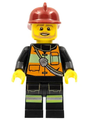 Feuerwehrhelm – Reflektierende Streifen mit Taschen und Schultergurt, dunkelroter Feuerwehrhelm, hellbrauner kantiger Bart
