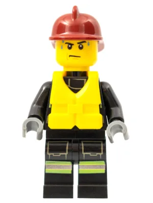 Feuerwehr – Reflektierende Streifen mit Ausrüstungsgürtel, dunkelroter Feuerwehrhelm, Rettungswesten-Mittelschnalle