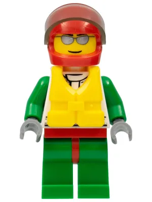 Octan – Jacke mit rot-grünem Streifen, rote Hüfte und grüne Beine, roter Helm, durchscheinend braunes Visier, silberne Sonnenbrille, Rettungswesten-Zentralschnalle