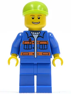 Blaue Jacke mit Taschen und orangefarbenen Streifen, blaue Beine, limettengrüne Kappe mit kurzem Schirm, schmales Grinsen mit Zähnen