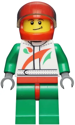 Race Car Driver, White Racing Suit with Octan Logo, Red Helmet with Trans-Brown Visor, Crooked Smile with Black Dimple