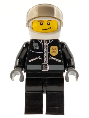 Politie - Leren stadsjas met gouden badge en 'POLICE' op de rug, witte helm, doorschijnend bruin vizier, scheve glimlach