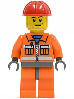 Ouvrier du bâtiment - Fermeture éclair orange, bandes de sécurité, bras orange, jambes orange, hanches gris bleu foncé, casque de chantier rouge, sourire narquois et barbe de trois jours