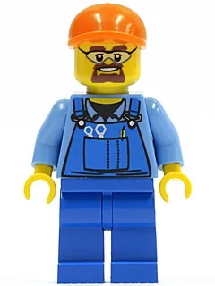 Salopette bleue avec outils intégrés dans les poches, casquette orange à visière courte, lunettes de sécurité