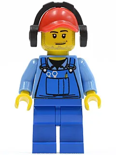 Travailleur du fret - Salopette bleue avec outils dans la poche, casquette rouge avec trou, casque audio