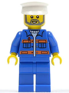 Veste bleue à poches et rayures orange, pantalon bleu, chapeau blanc, barbe grise