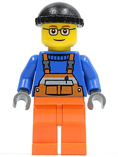 Combinaison avec bande de sécurité orange, jambes orange, bonnet noir, lunettes (grutier)