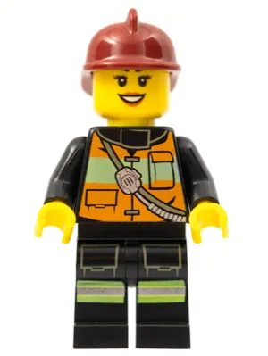 Feuerwehr – Reflektierende Streifenweste mit Taschen und Schultergurt, dunkelroter Feuerwehrhelm, schwarze Augenbrauen