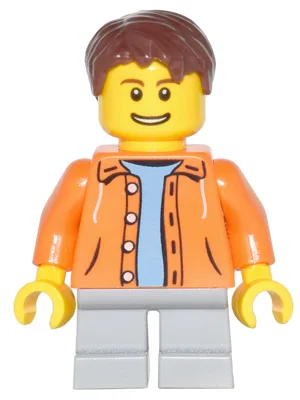 Orange Jacket with Hood over Light Blue Sweater, Light Bluish Gray Short Legs, Reddish Brown Short Tousled Hair