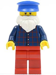 Plaid Button Shirt, Red Legs, White Short Beard, Blue Hat