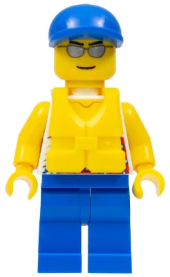Tank Top with Surfer Silhouette, Blue Legs, Blue Short Bill Cap, Life Jacket Center Buckle, Silver Sunglasses