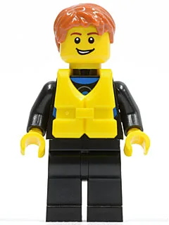 Wetsuit with Blue Sign, Black Legs, Dark Orange Short Tousled Hair, Life Jacket Center Buckle, Open Grin