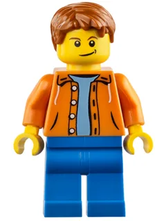 Orange Jacket with Hood over Light Blue Sweater, Blue Legs, Dark Orange Short Tousled Hair, Crooked Smile with Black Dimple